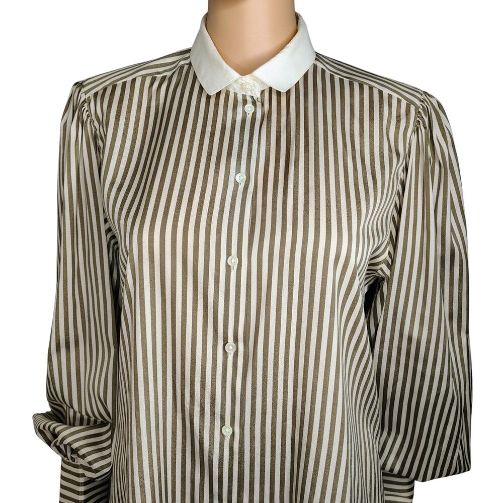 80s Striped Liz Claiborne Cream Taupe Button Up Collar Shirt Puffy Sleeve Sz 12